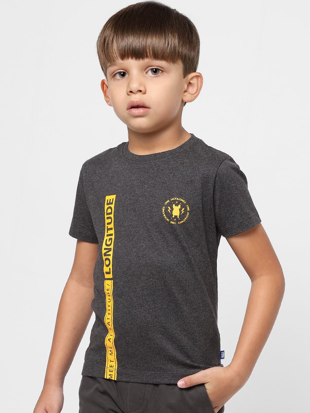 Boys Dark Grey Text Print Crew Neck T-shirt