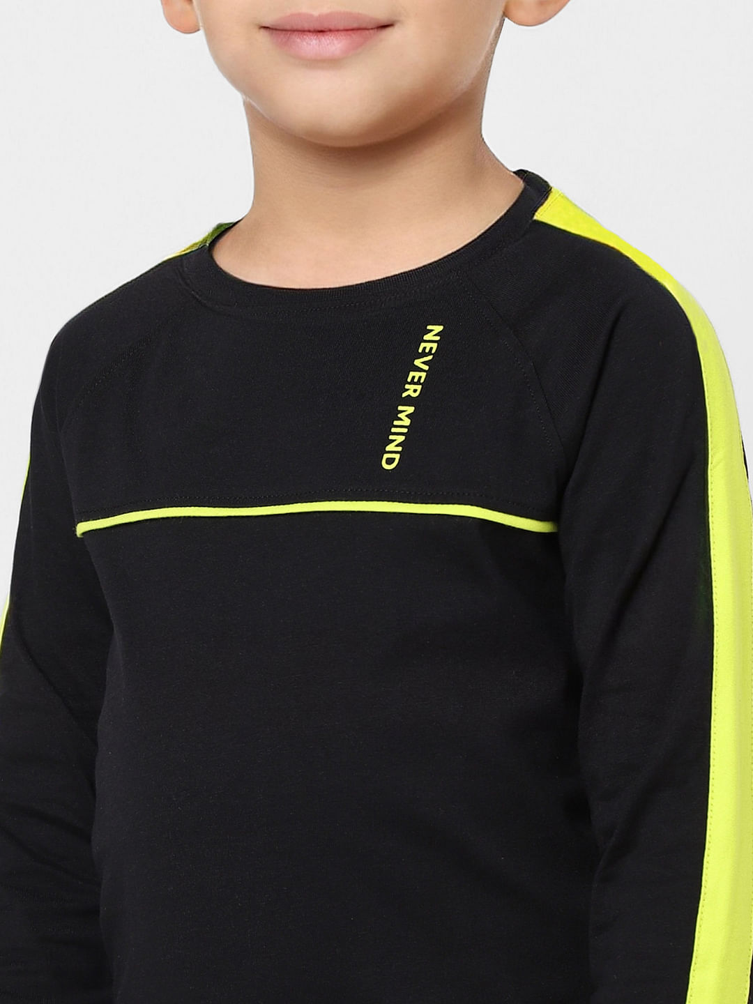 Boys Black Text Print Full Sleeves Crew Neck T-shirt
