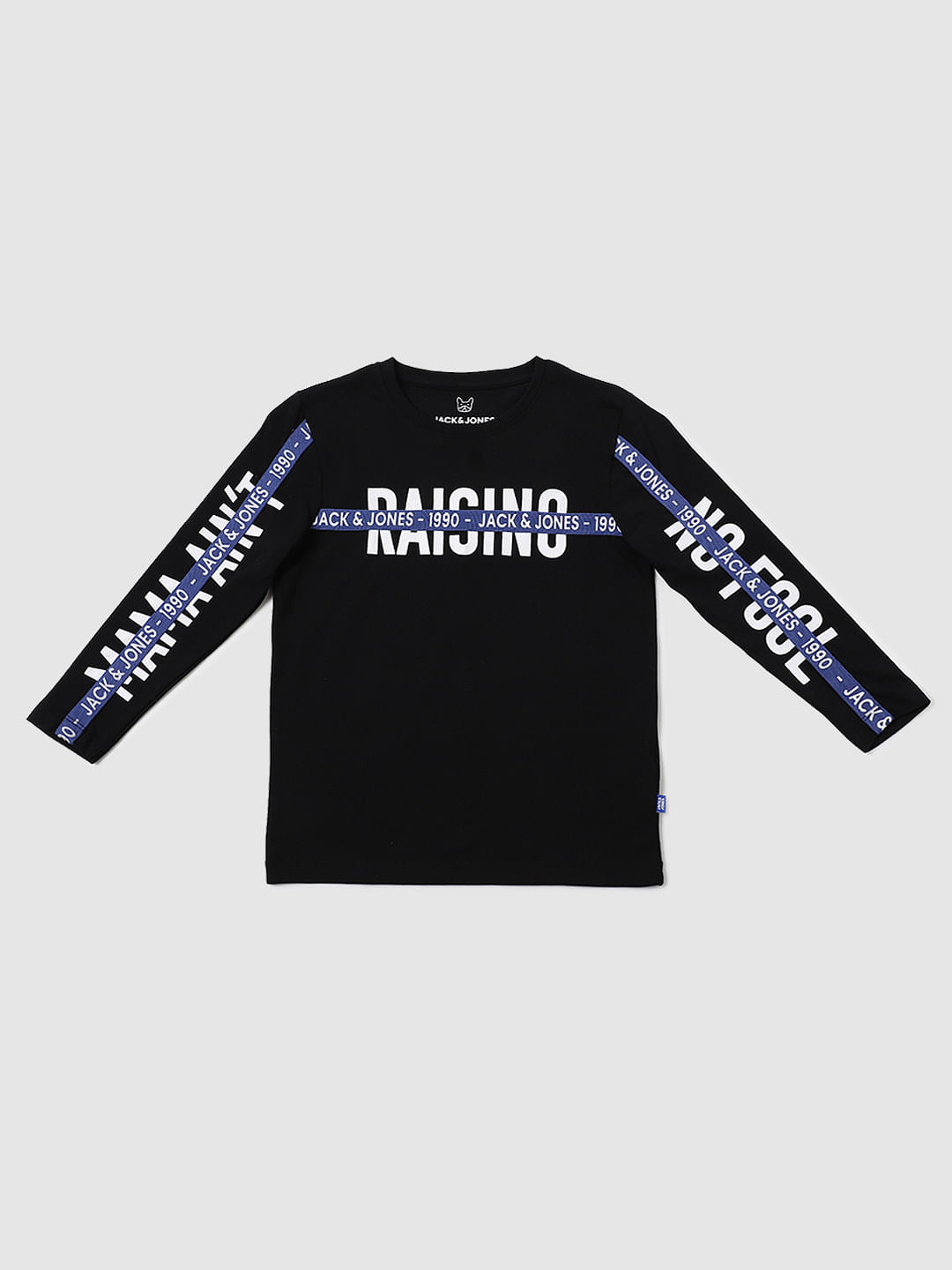 Boys Black Tape Detail Full Sleeves Crew Neck T-shirt - 4/5Y