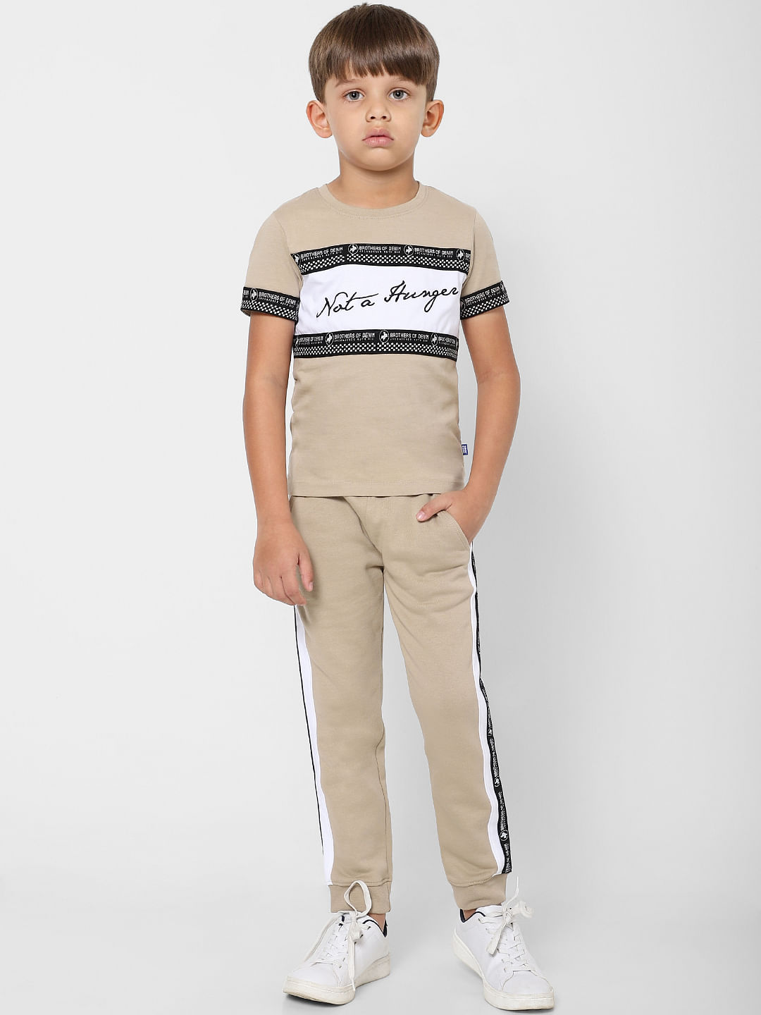 Boys Beige Mid Rise Tape Detail Sweatpants - 4/5Y