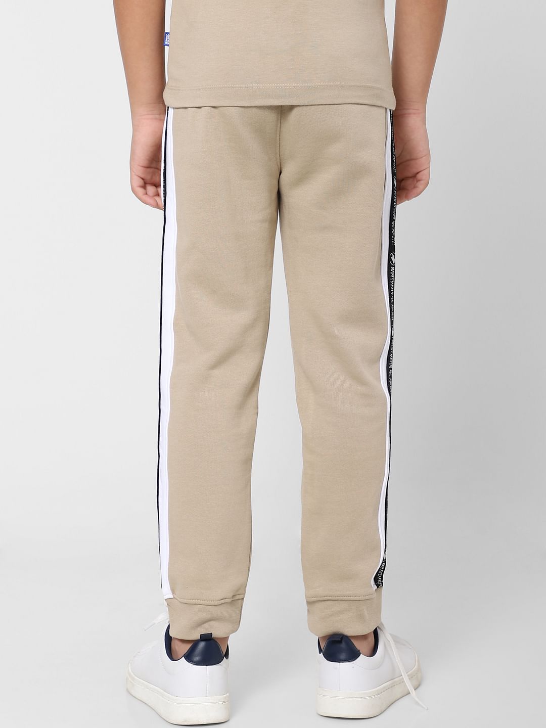 Boys Beige Mid Rise Tape Detail Sweatpants