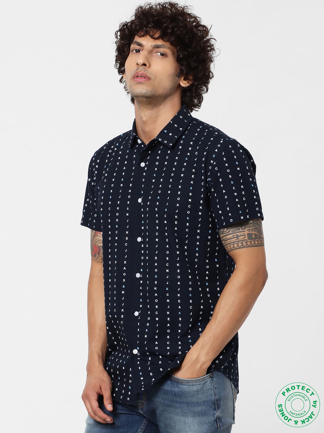 Navy Blue All Over Logo Print Short Sleeves Shirt