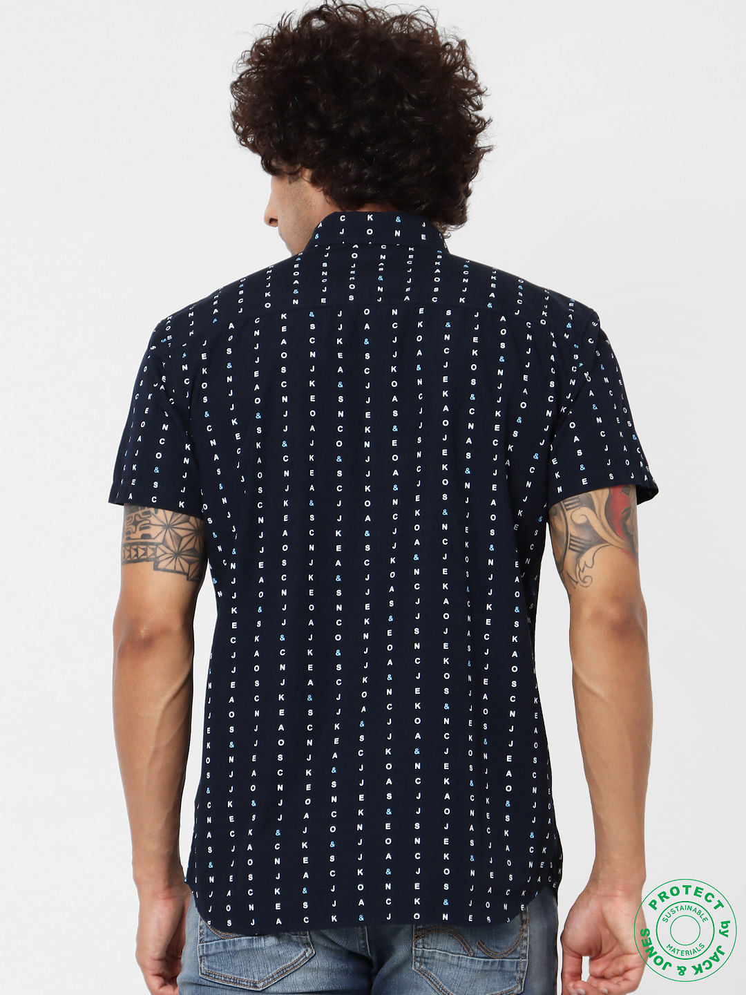 Navy Blue All Over Logo Print Short Sleeves Shirt
