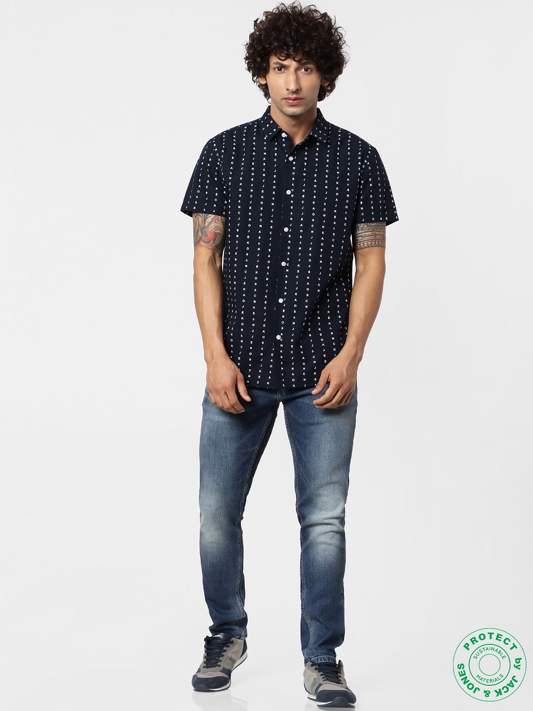 Navy Blue All Over Logo Print Short Sleeves Shirt