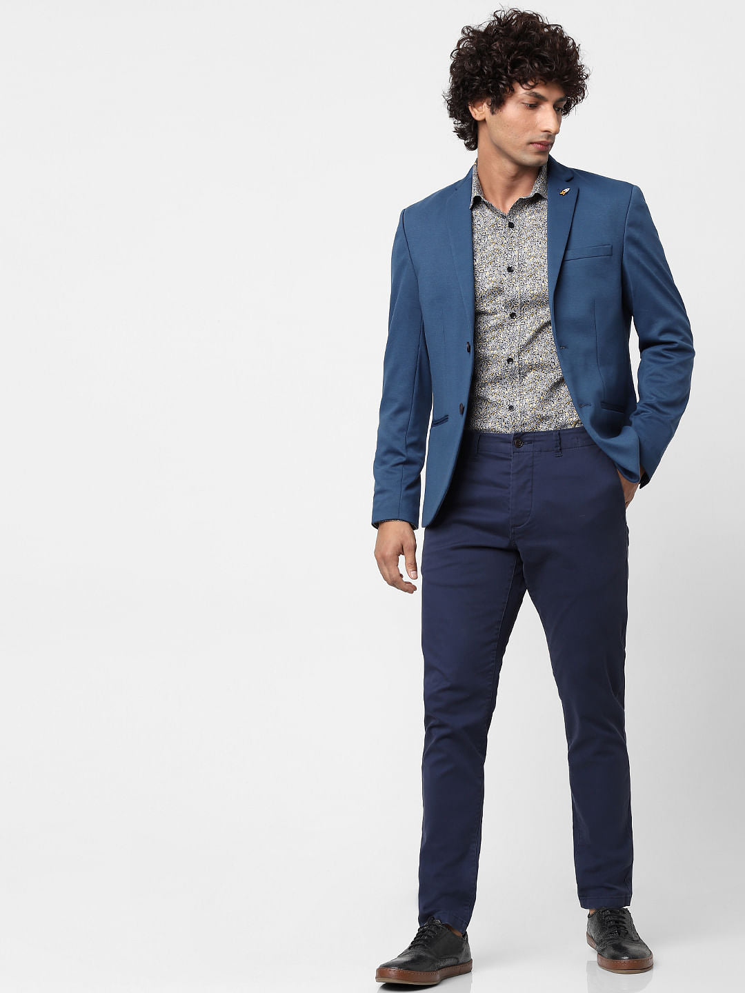 Navy Blue Full Sleeves All Over Print Slim Fit Shirt - S