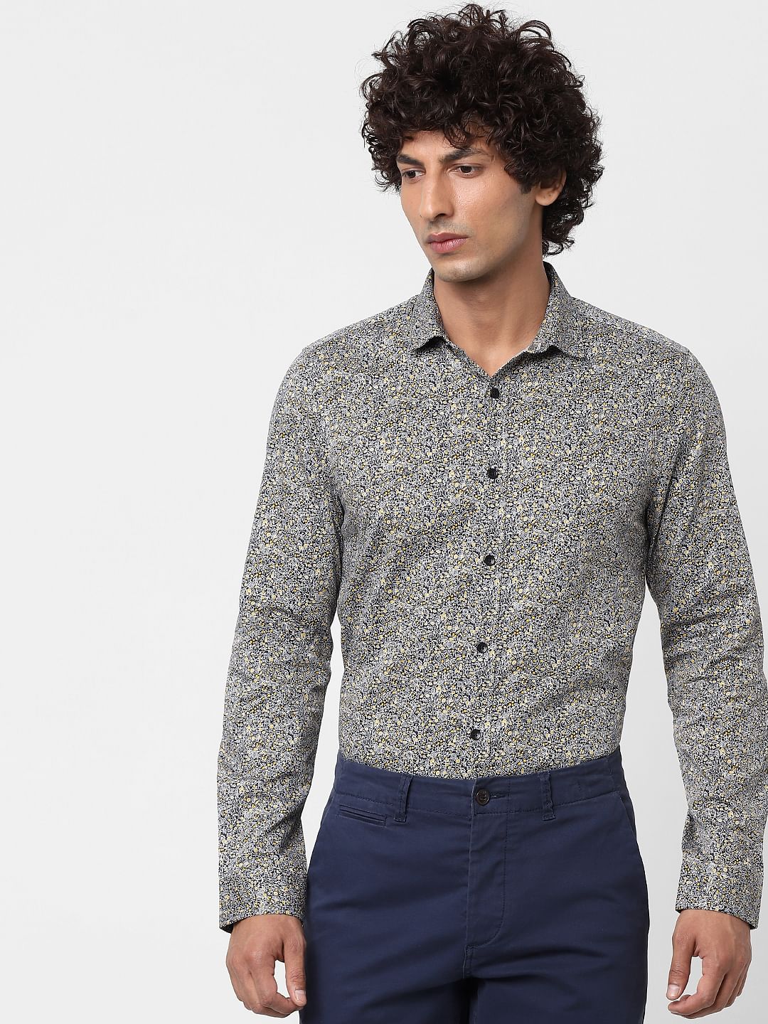 Navy Blue Full Sleeves All Over Print Slim Fit Shirt