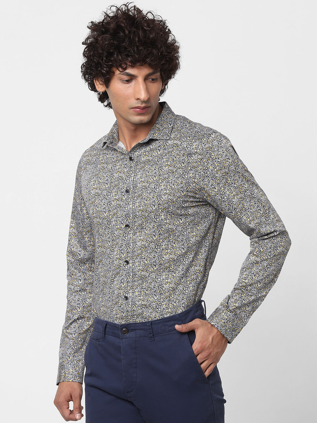 Navy Blue Full Sleeves All Over Print Slim Fit Shirt