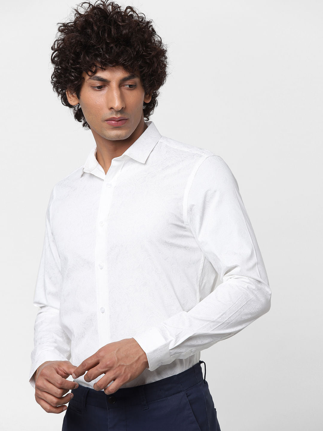 White Full Sleeves All Over Print Slim Fit Shirt