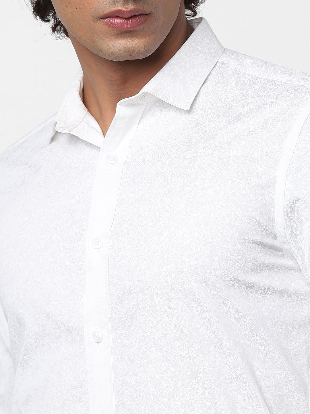 White Full Sleeves All Over Print Slim Fit Shirt