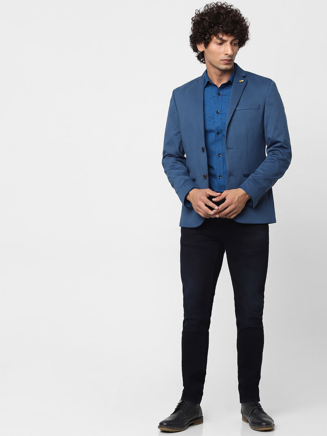 Blue Full Sleeves All Over Print Slim Fit Shirt - S