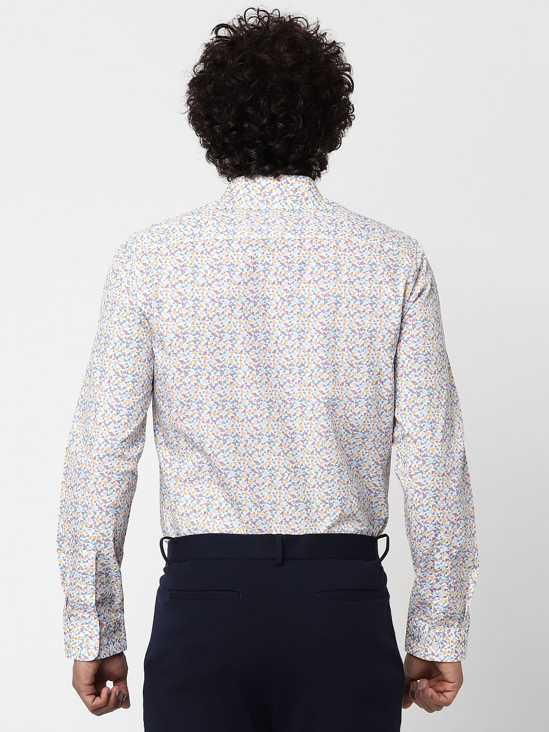 White Full Sleeves Geometric Print Slim Fit Shirt