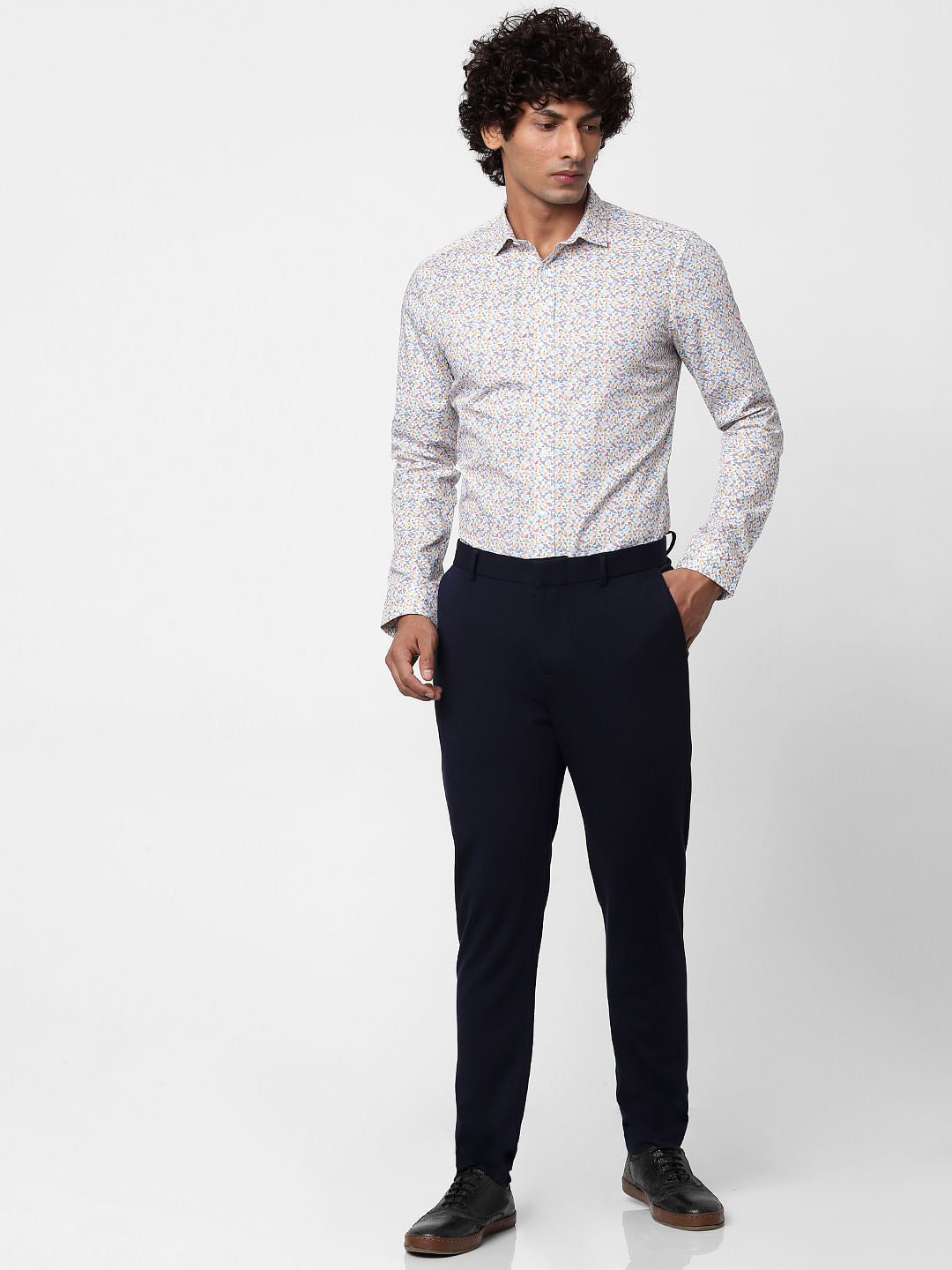 White Full Sleeves Geometric Print Slim Fit Shirt