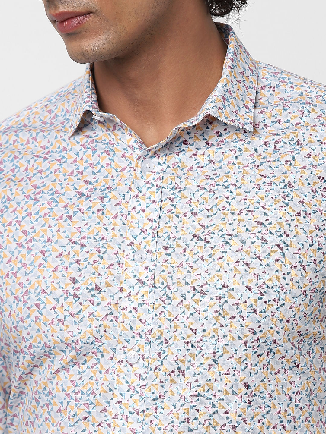White Full Sleeves Geometric Print Slim Fit Shirt