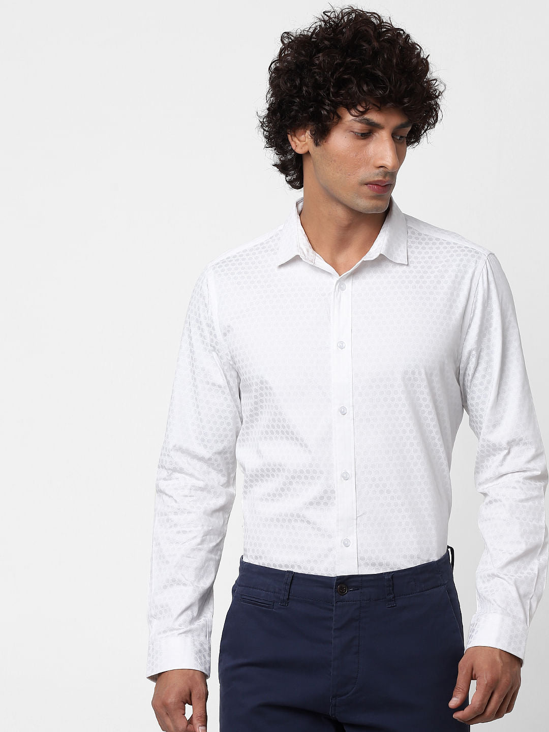 White Full Sleeves Honeycomb Print Slim Fit Shirt