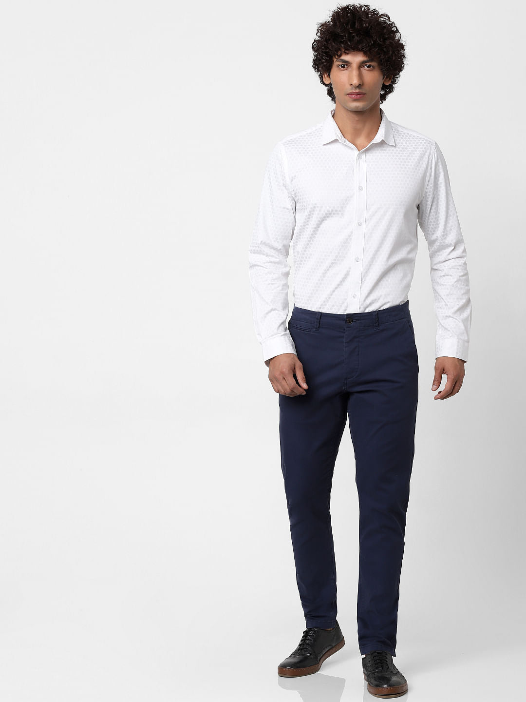 White Full Sleeves Honeycomb Print Slim Fit Shirt
