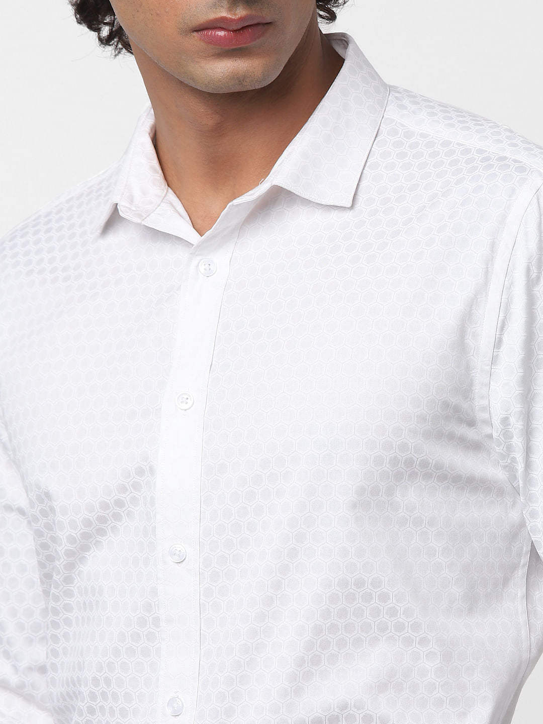 White Full Sleeves Honeycomb Print Slim Fit Shirt