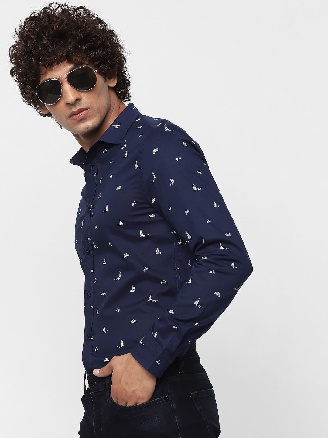 Blue Full Sleeves All Over Print Slim Fit Shirt - S