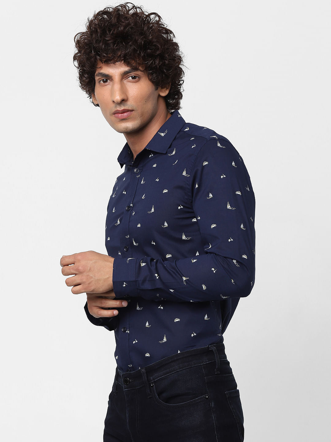 Blue Full Sleeves All Over Print Slim Fit Shirt