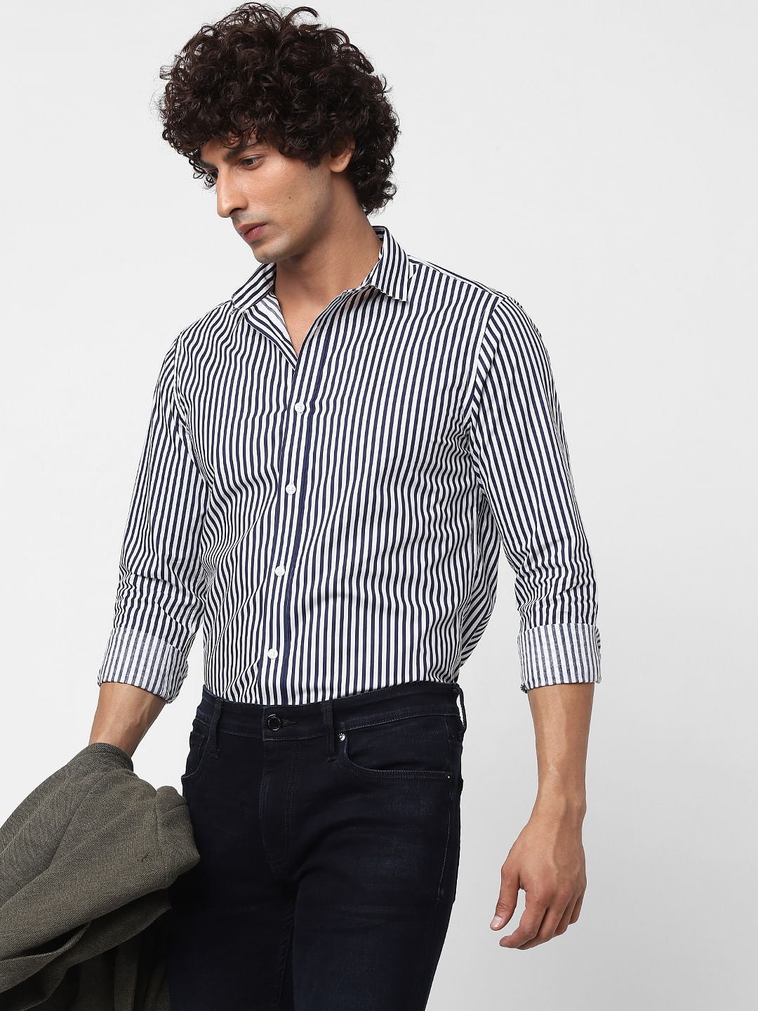 Navy Full Sleeves Striped Slim Fit Shirt