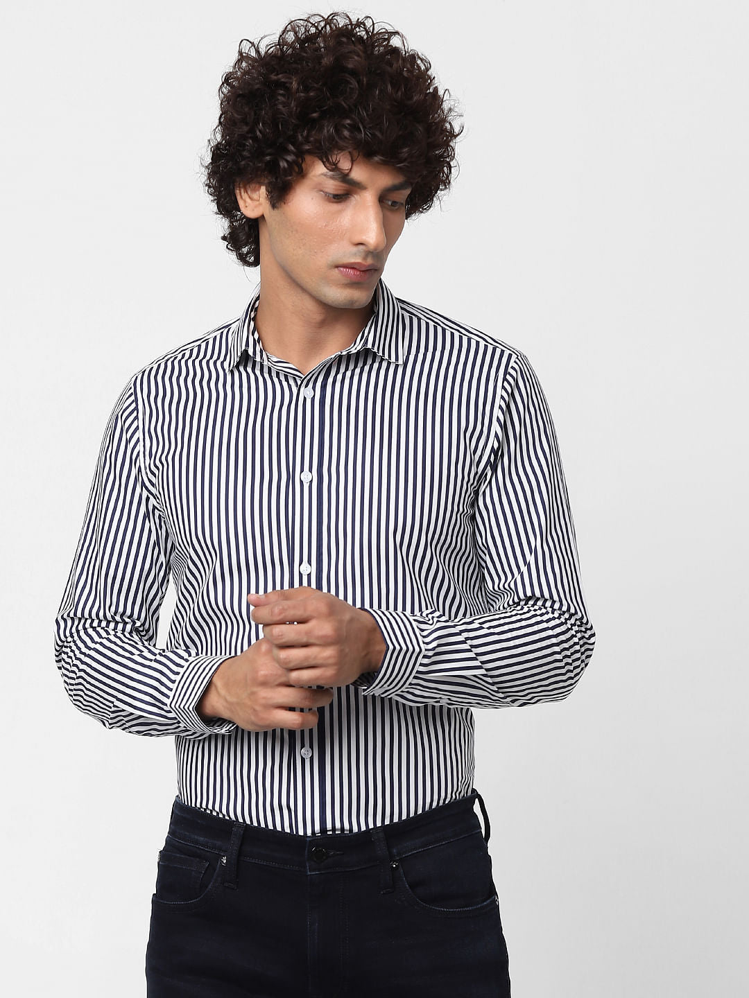 Navy Full Sleeves Striped Slim Fit Shirt