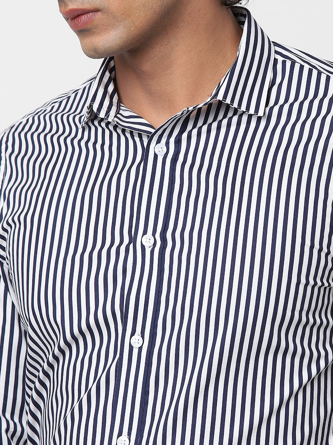 Navy Full Sleeves Striped Slim Fit Shirt