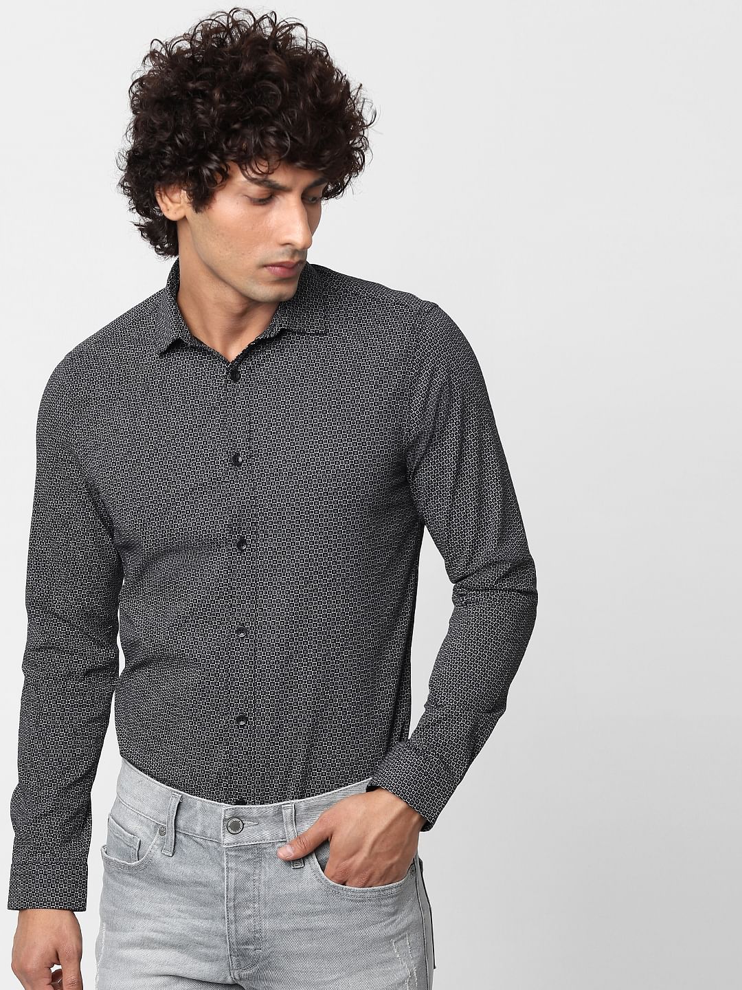 Black Full Sleeves All Over Print Slim Fit Shirt