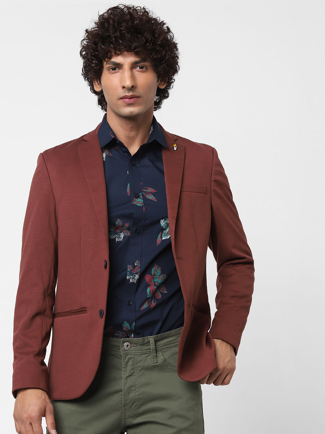 Navy Blue Full Sleeves Floral Print Shirt - S