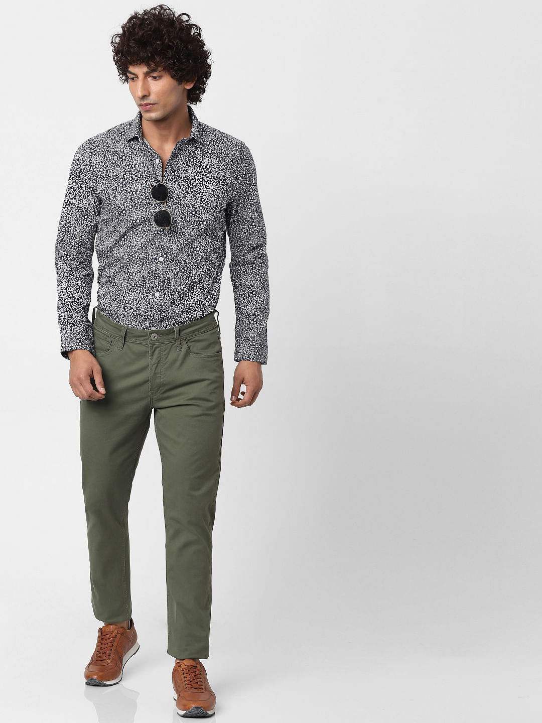 Navy Blue Full Sleeves All Over Print Slim Fit Shirt - S