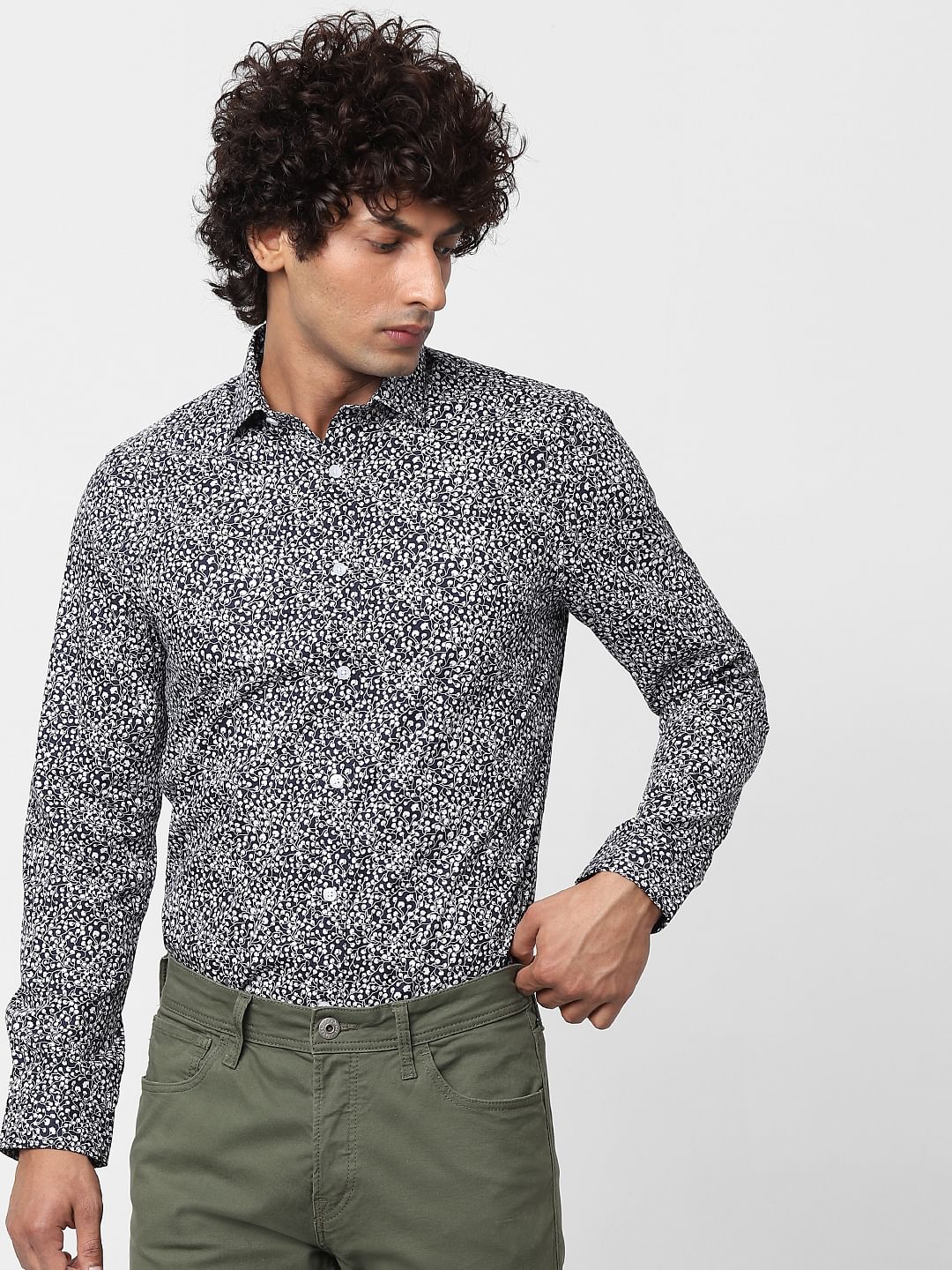 Navy Blue Full Sleeves All Over Print Slim Fit Shirt