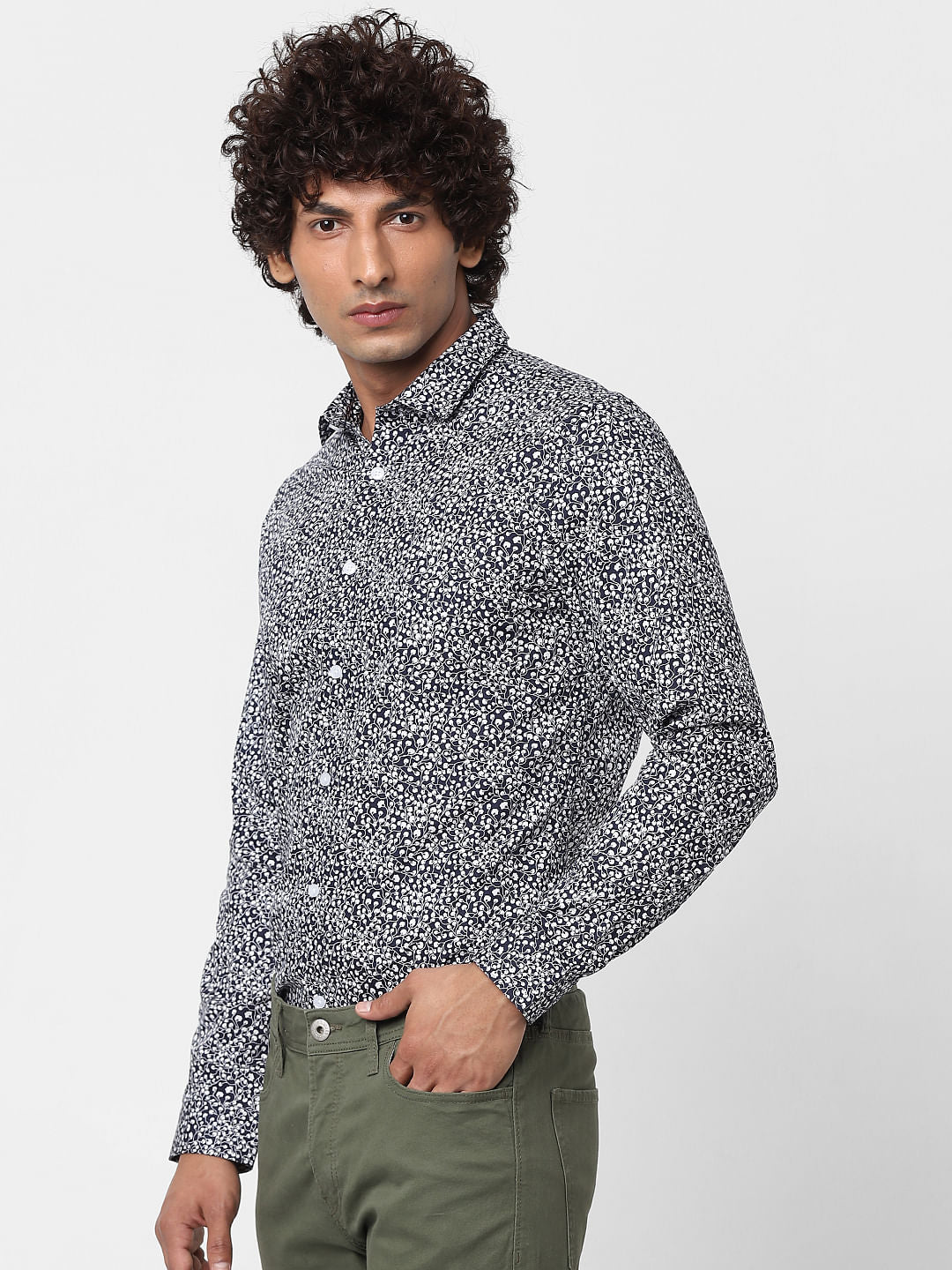 Navy Blue Full Sleeves All Over Print Slim Fit Shirt