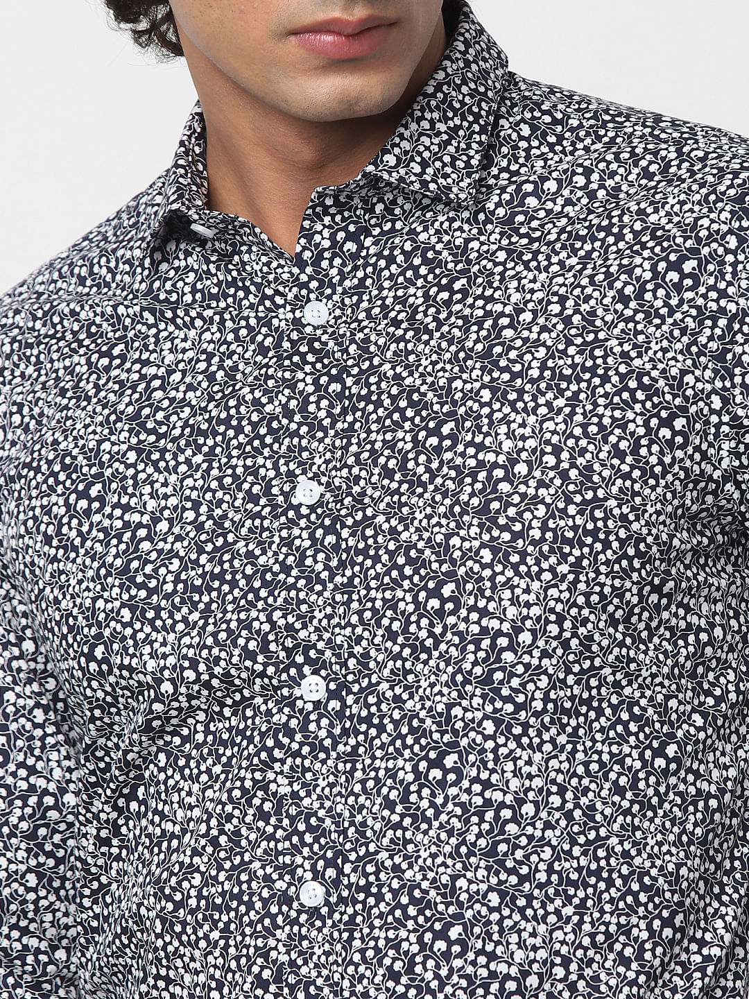 Navy Blue Full Sleeves All Over Print Slim Fit Shirt