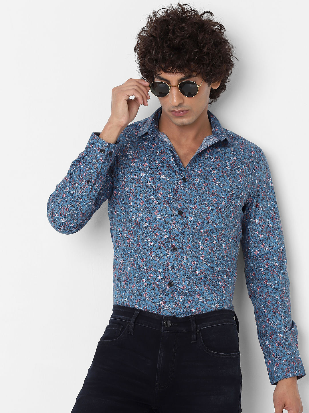Blue Full Sleeves All Over Print Slim Fit Shirt - S