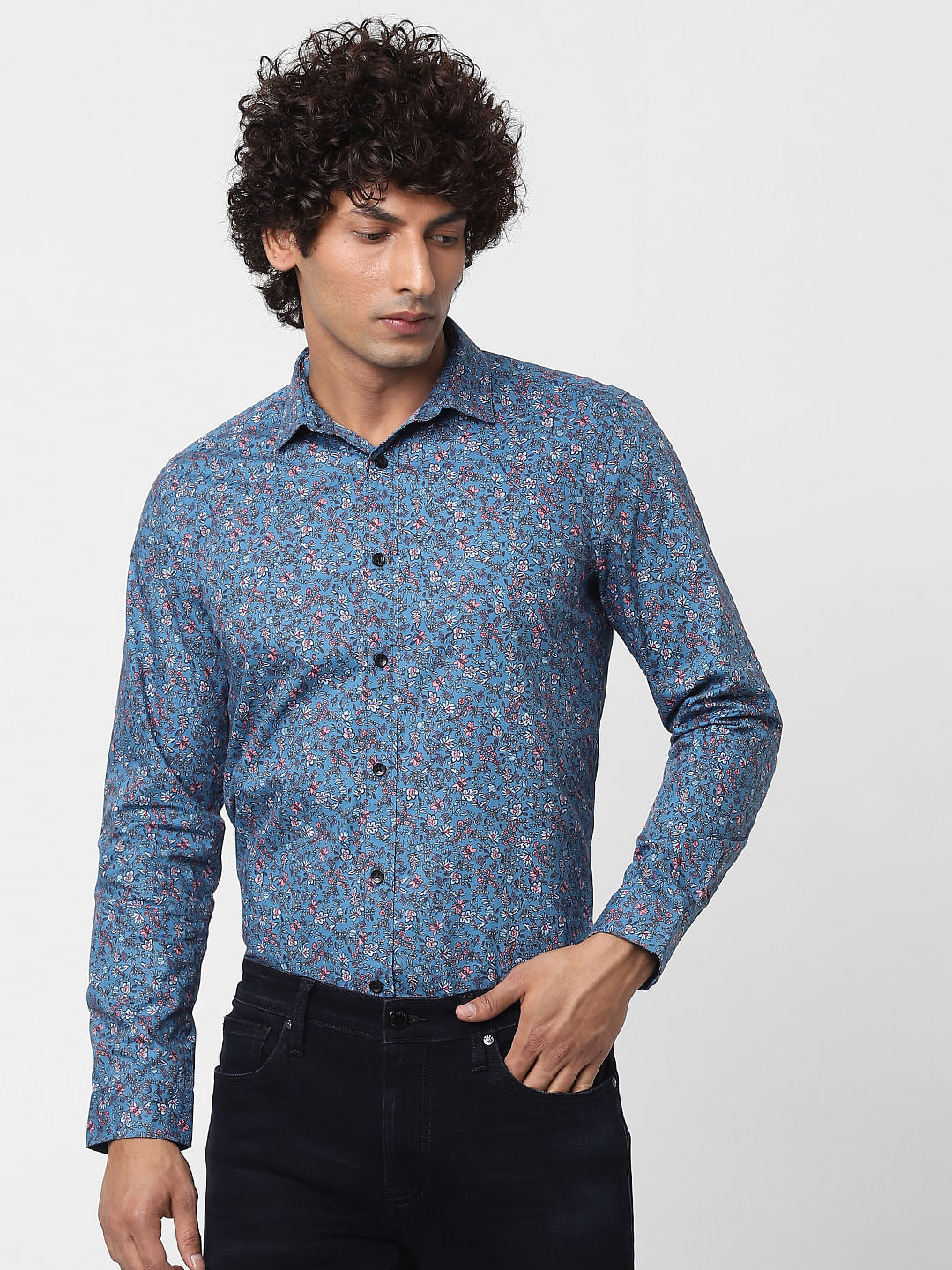 Blue Full Sleeves All Over Print Slim Fit Shirt