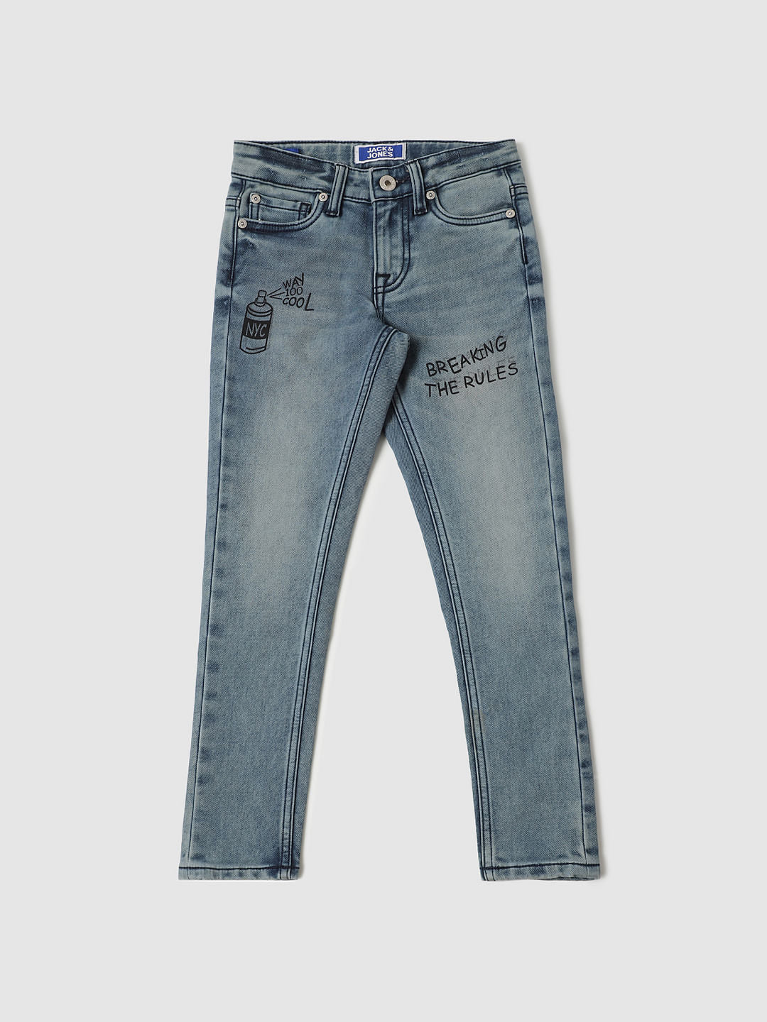 Boys Blue Mid Rise Ben Graphic Print Skinny Fit Jeans - 4/5Y