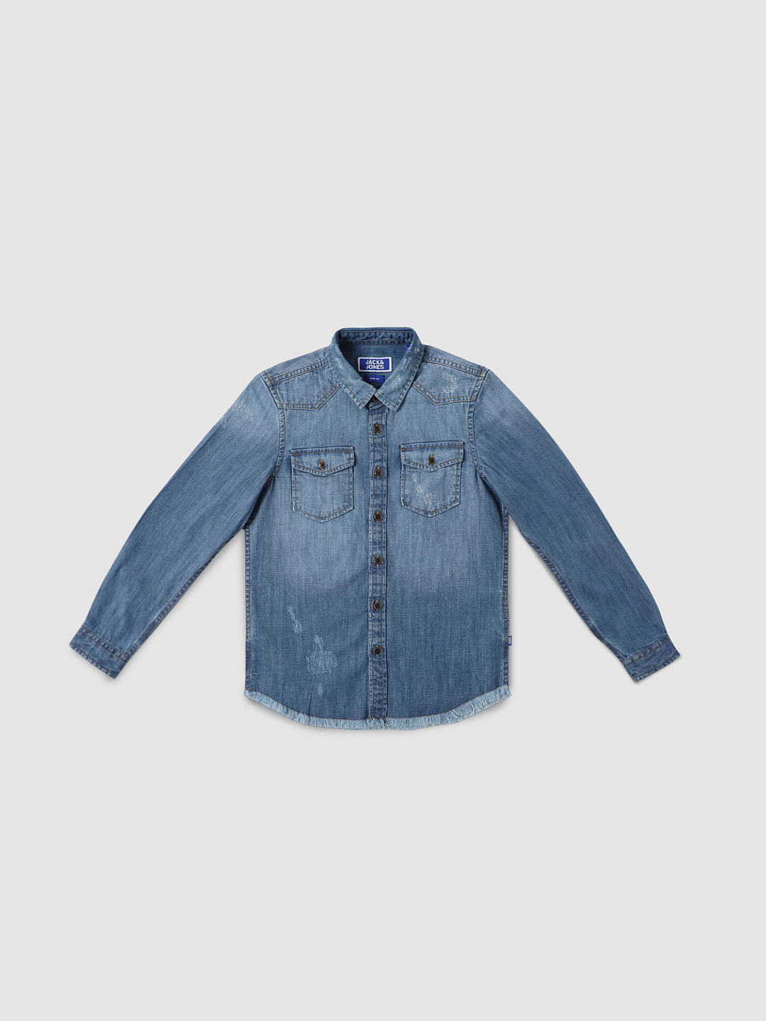Boys Blue Distressed Full Sleeves Shirt - 4/5Y