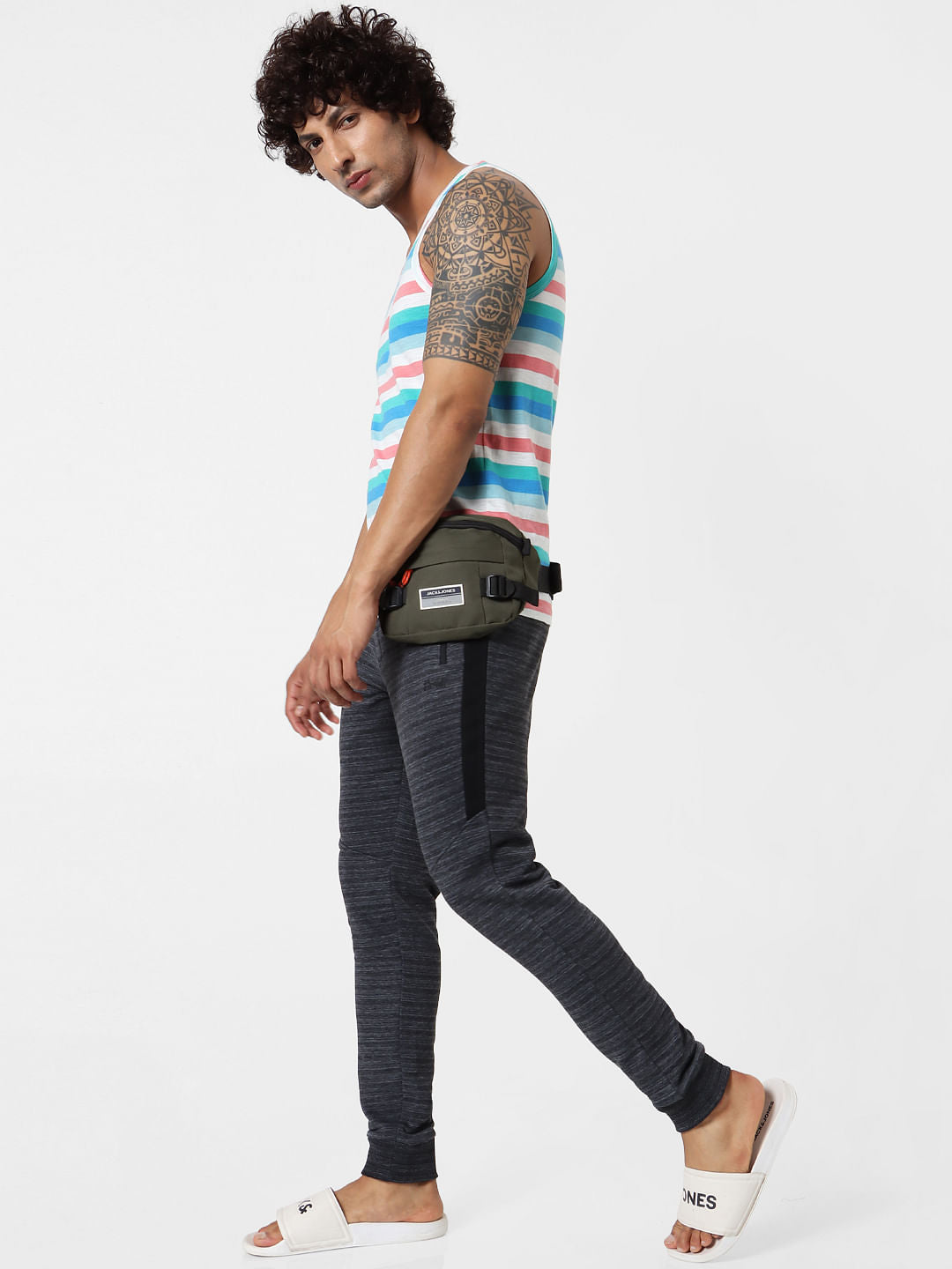 Dark Grey Mid Rise Striped Textured Sweatpants - S