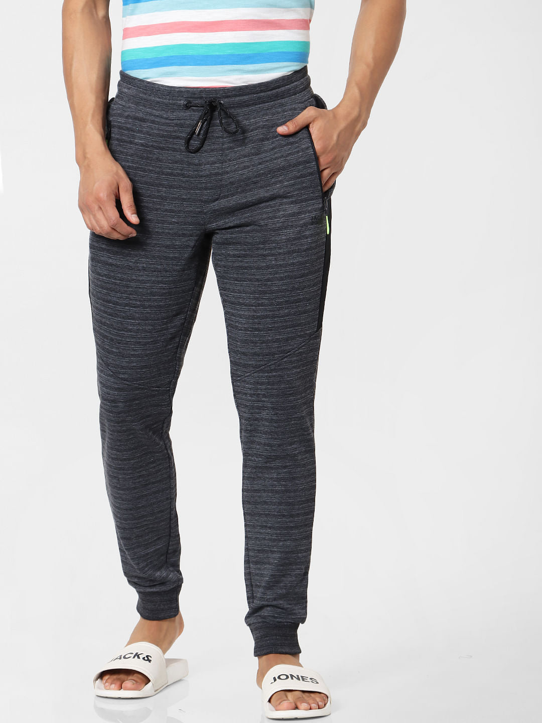 Dark Grey Mid Rise Striped Textured Sweatpants