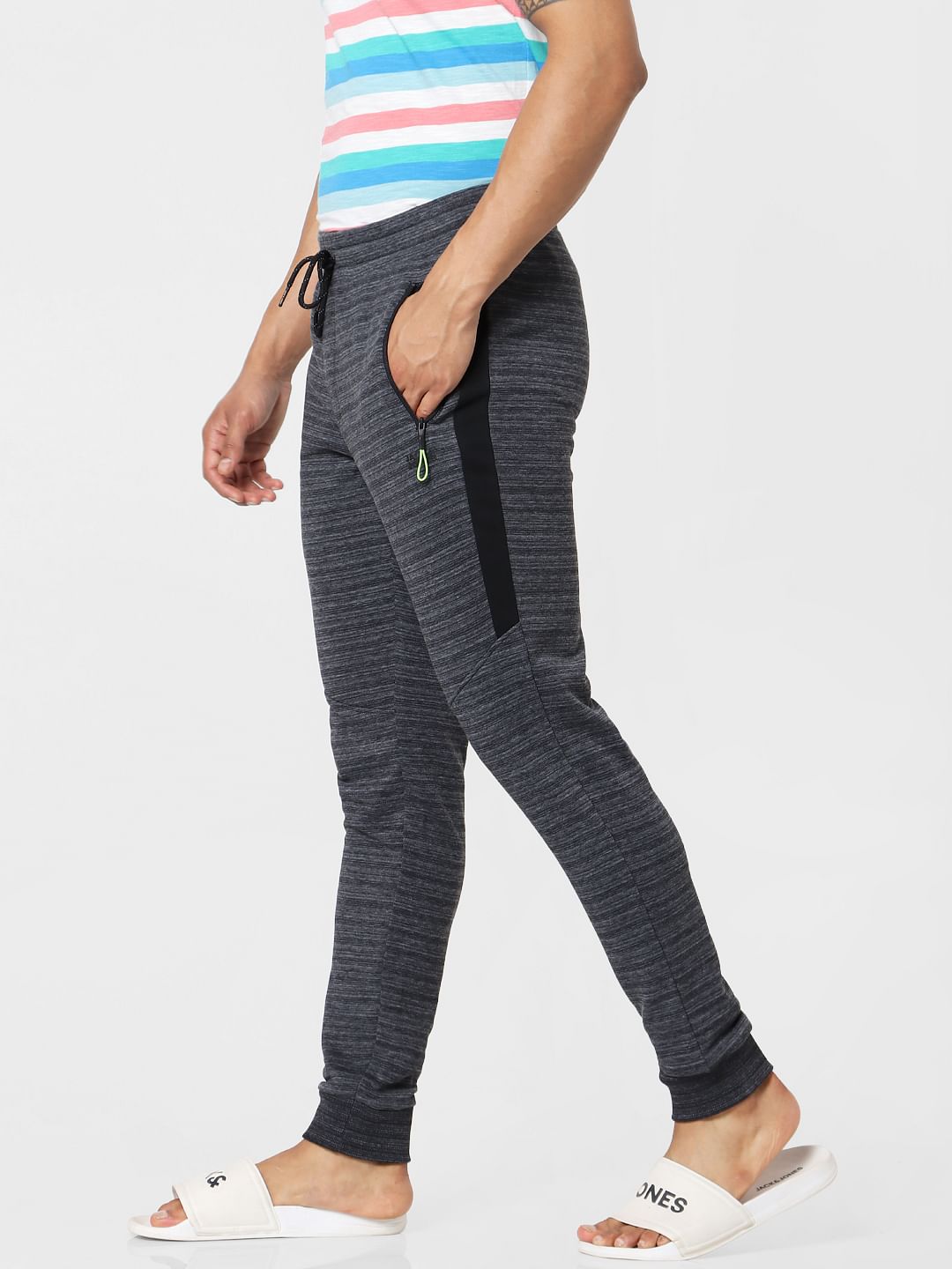 Dark Grey Mid Rise Striped Textured Sweatpants