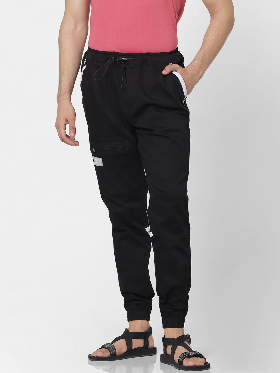 Black Mid Rise Tape Detail Track Pants