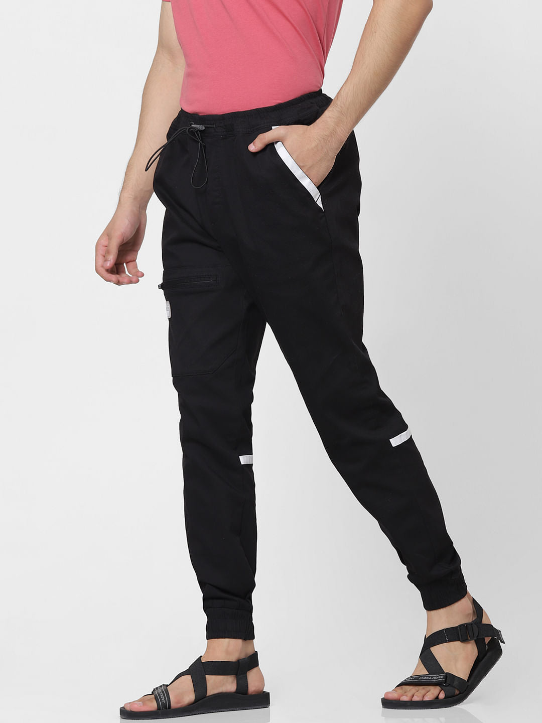 Black Mid Rise Tape Detail Track Pants