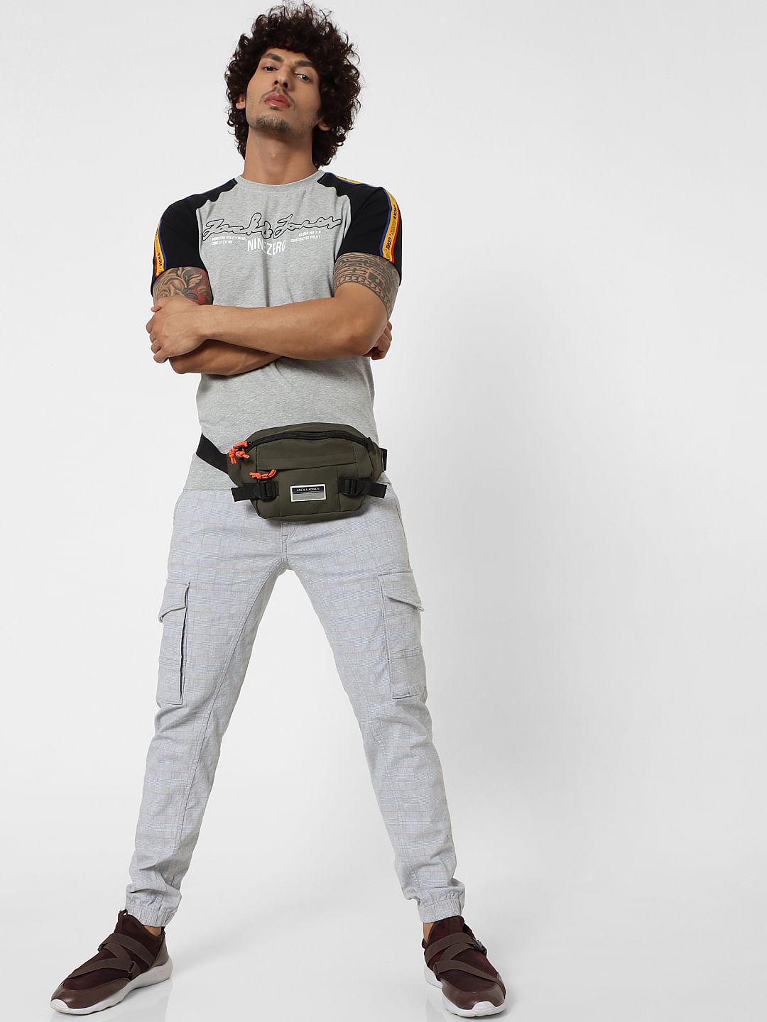 Light Grey Mid Rise Check Pants