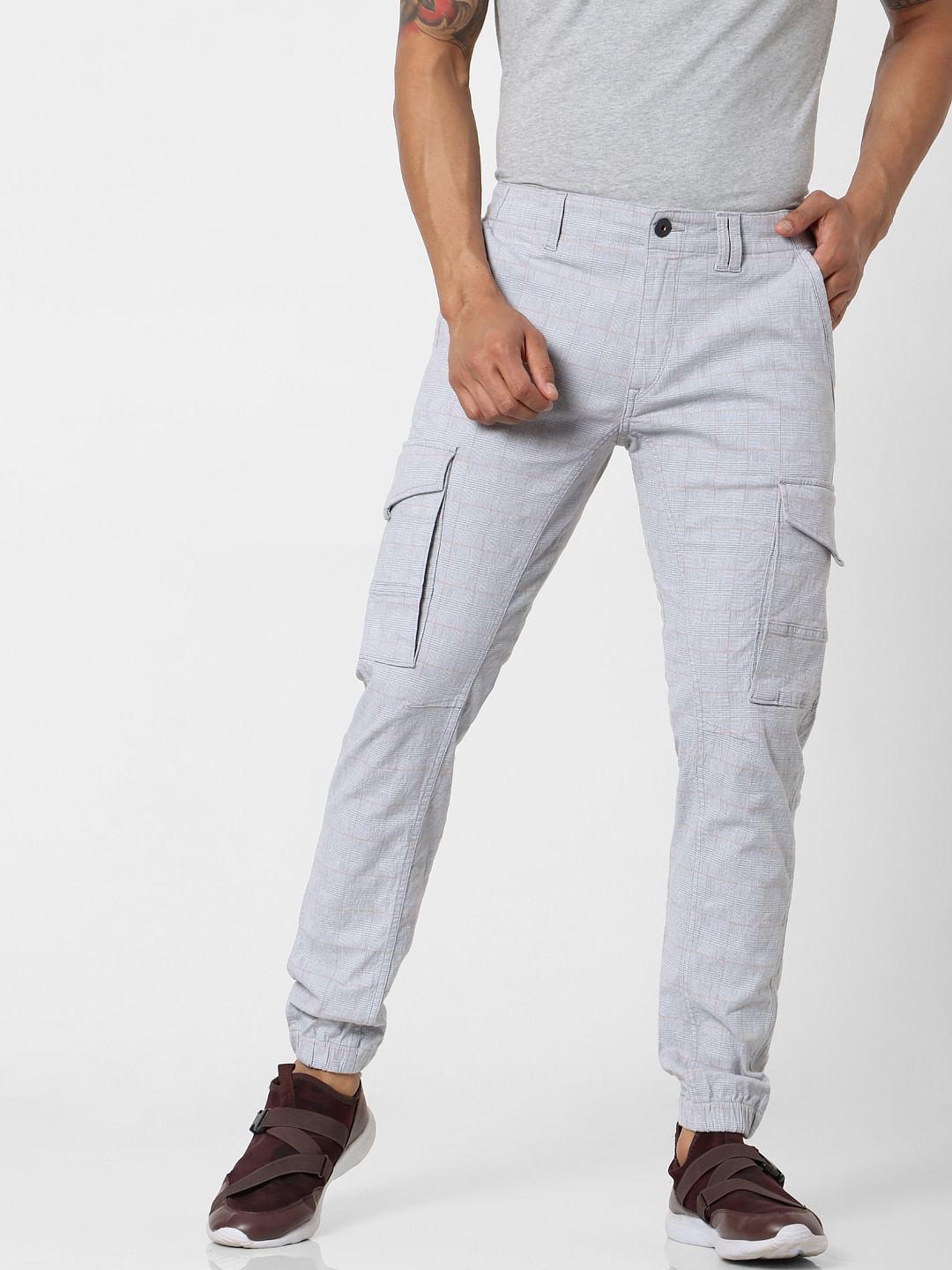 Light Grey Mid Rise Check Pants