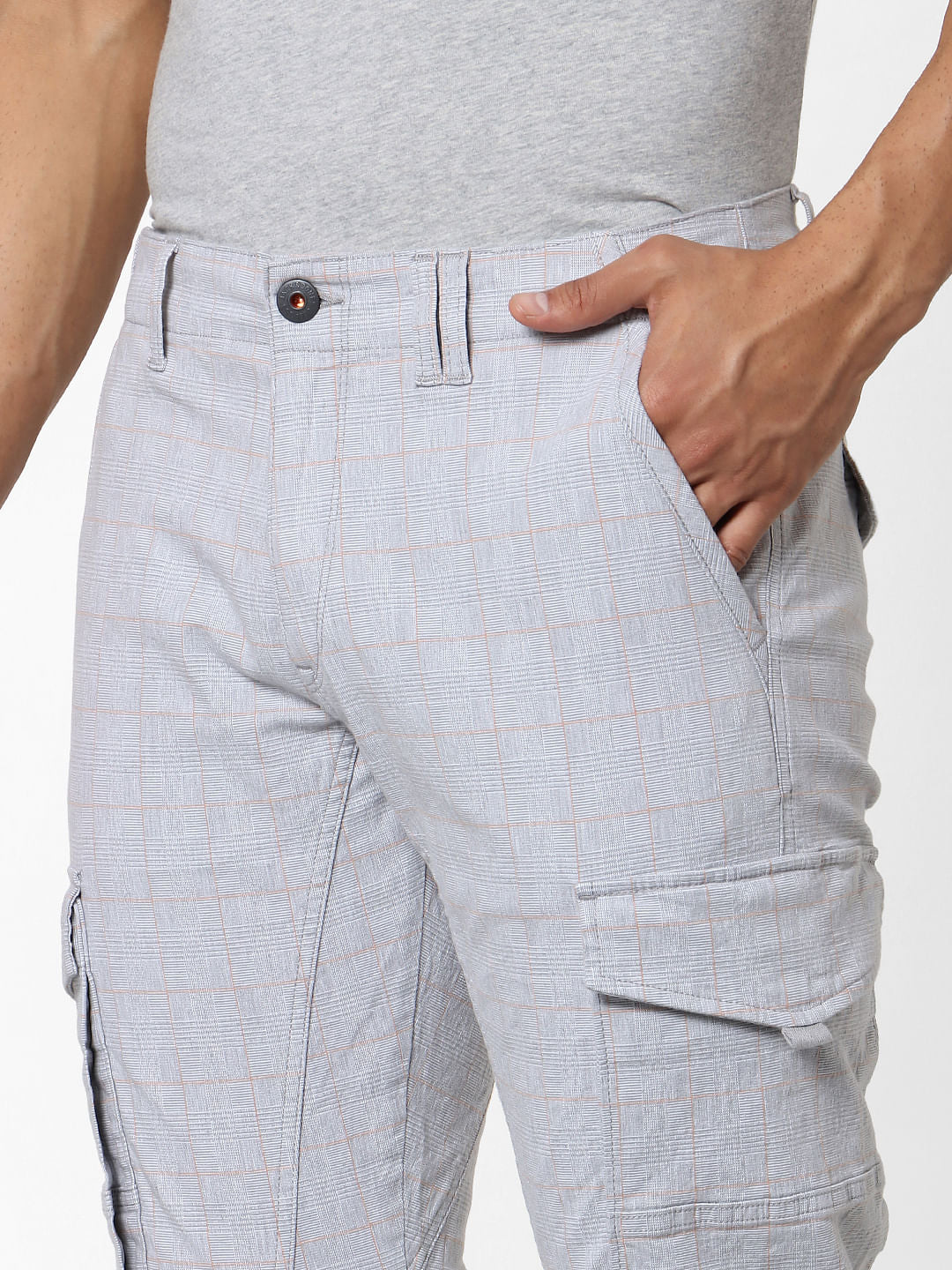 Light Grey Mid Rise Check Pants