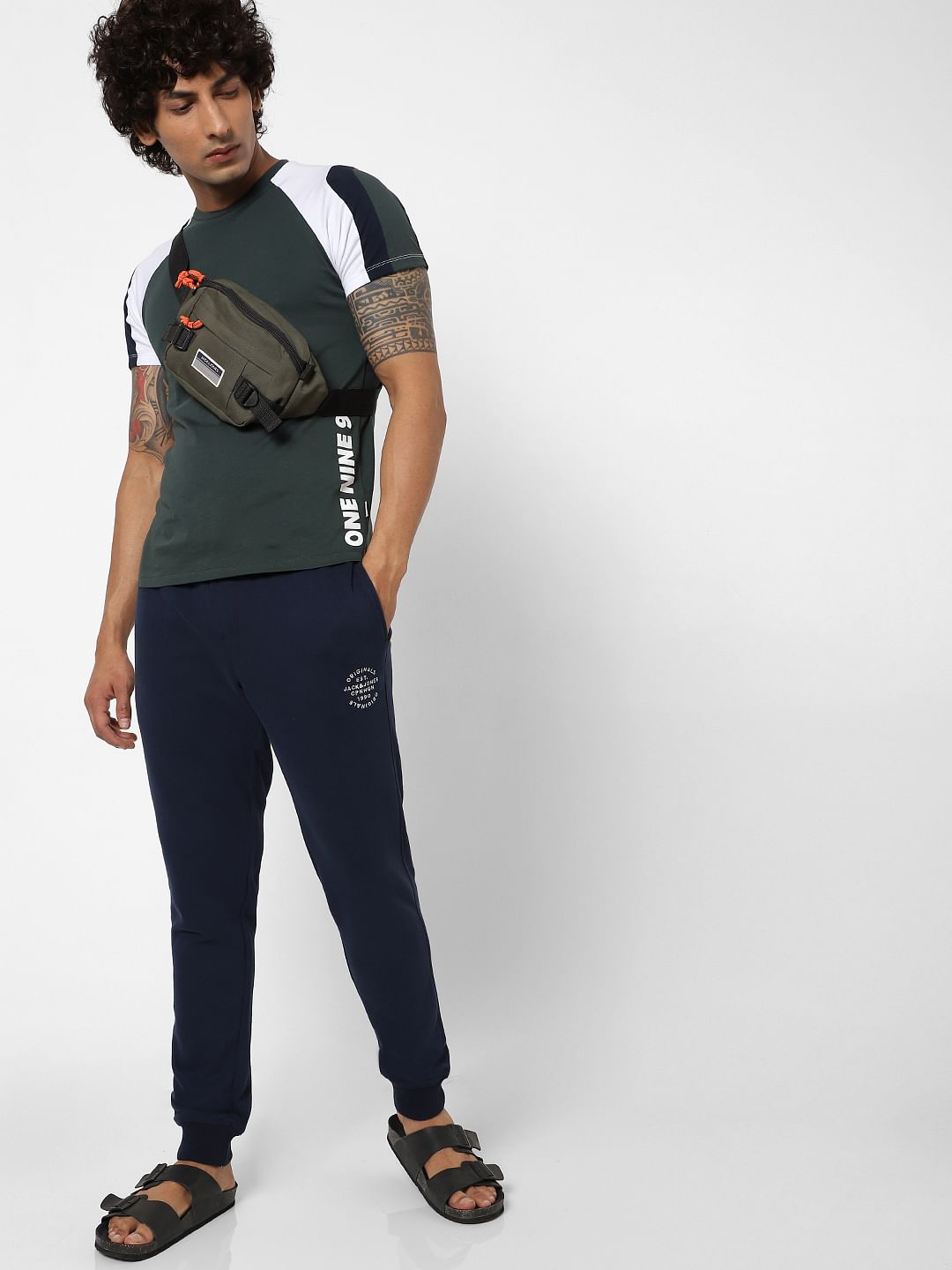 Navy Blue Mid Rise Logo Print Drawstring Sweatpants