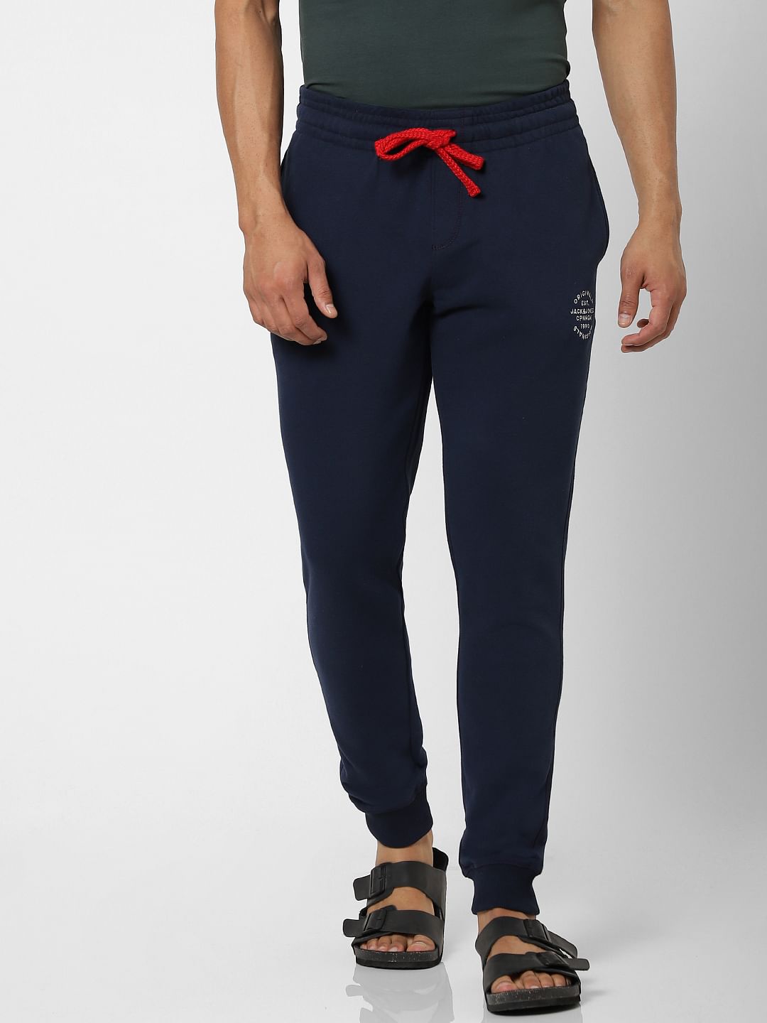 Navy Blue Mid Rise Logo Print Drawstring Sweatpants