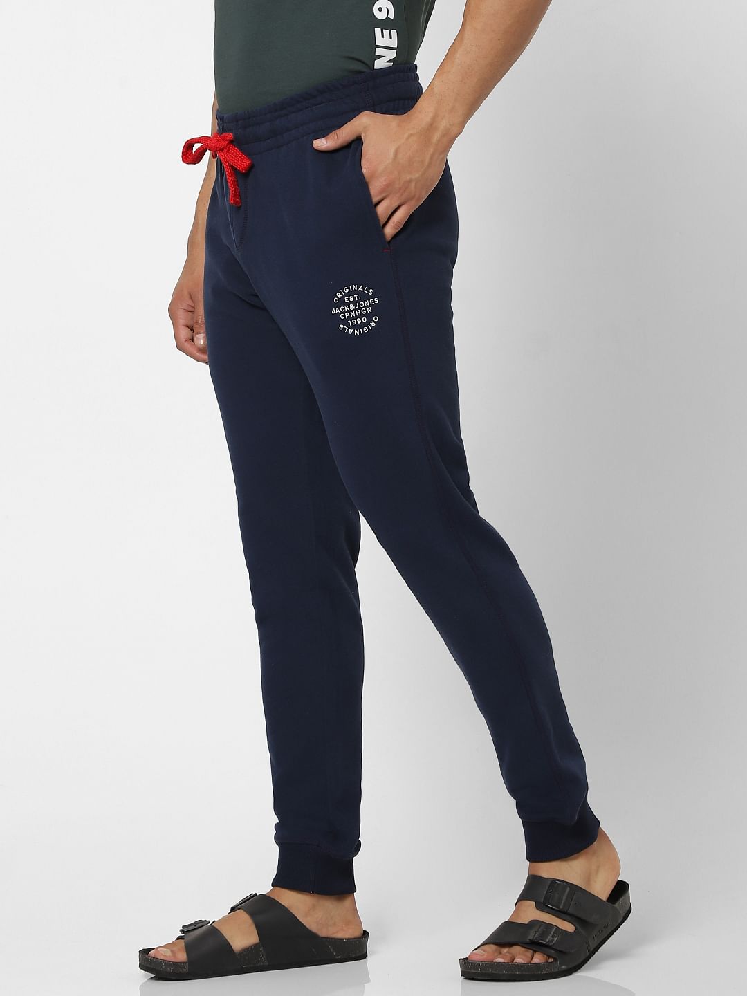 Navy Blue Mid Rise Logo Print Drawstring Sweatpants