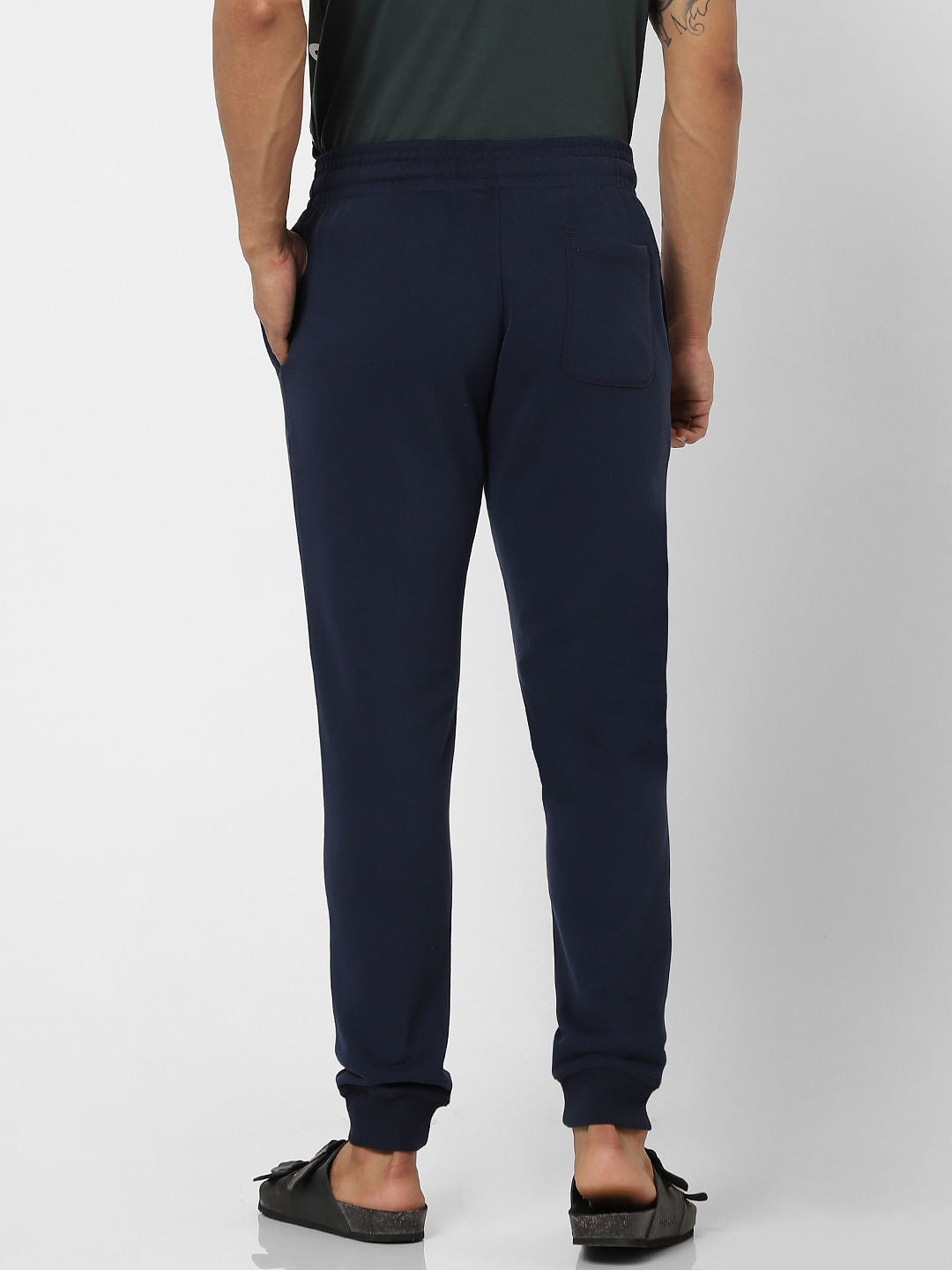 Navy Blue Mid Rise Logo Print Drawstring Sweatpants