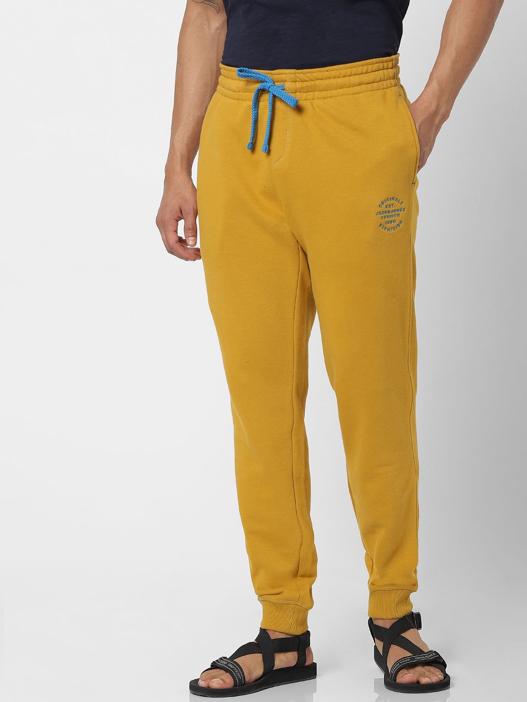 Yellow Mid Rise Logo Print Drawstring Sweatpants