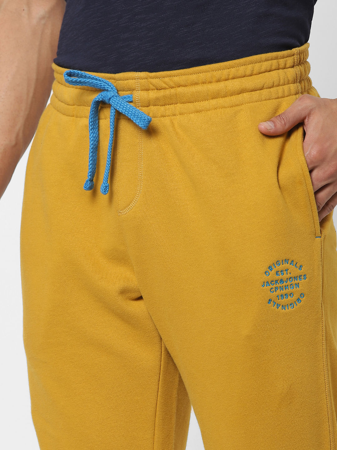 Yellow Mid Rise Logo Print Drawstring Sweatpants