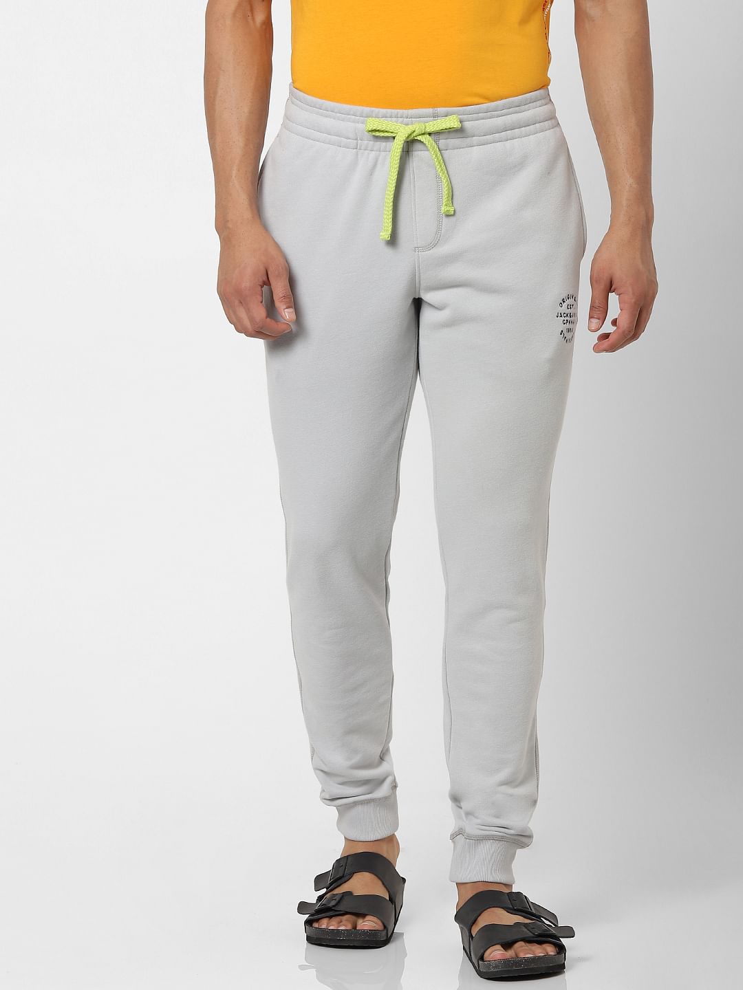 Grey Mid Rise Logo Print Drawstring Sweatpants